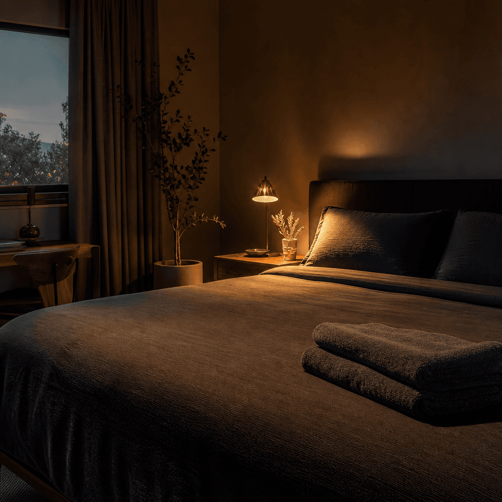 Folded towels on bed corner