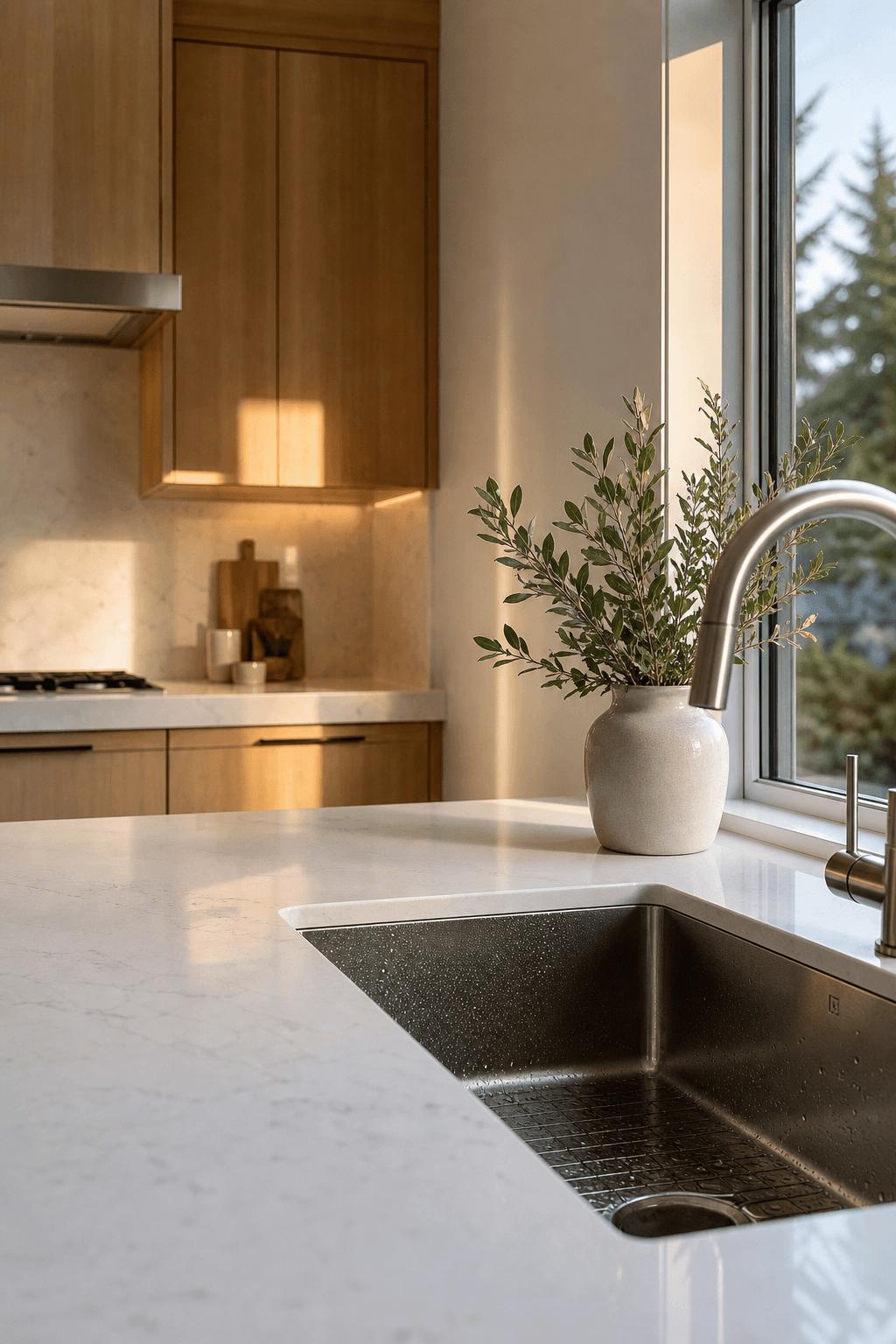 Hero · kitchen at golden hour, post-clean