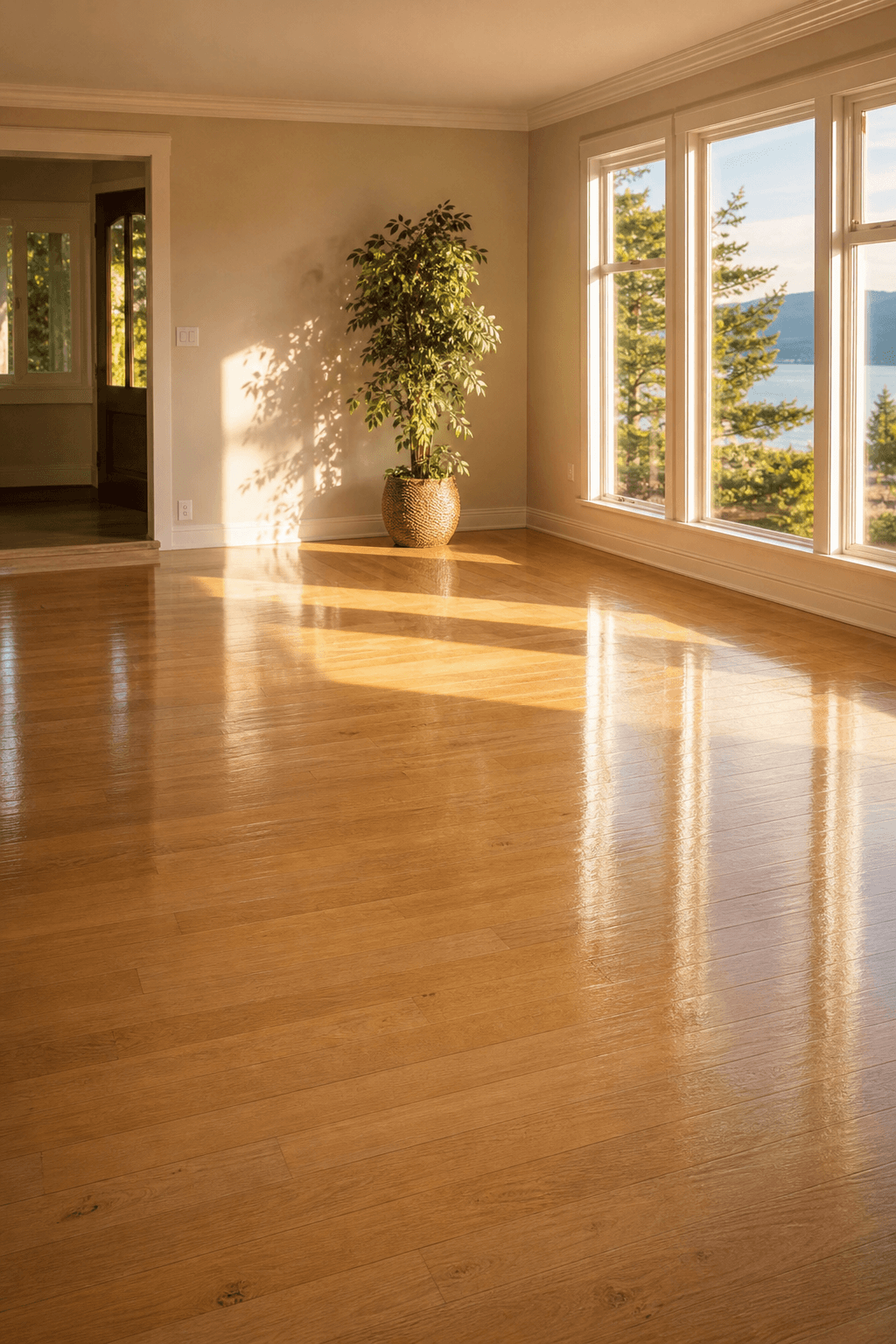 Hardwood floor reflecting light
