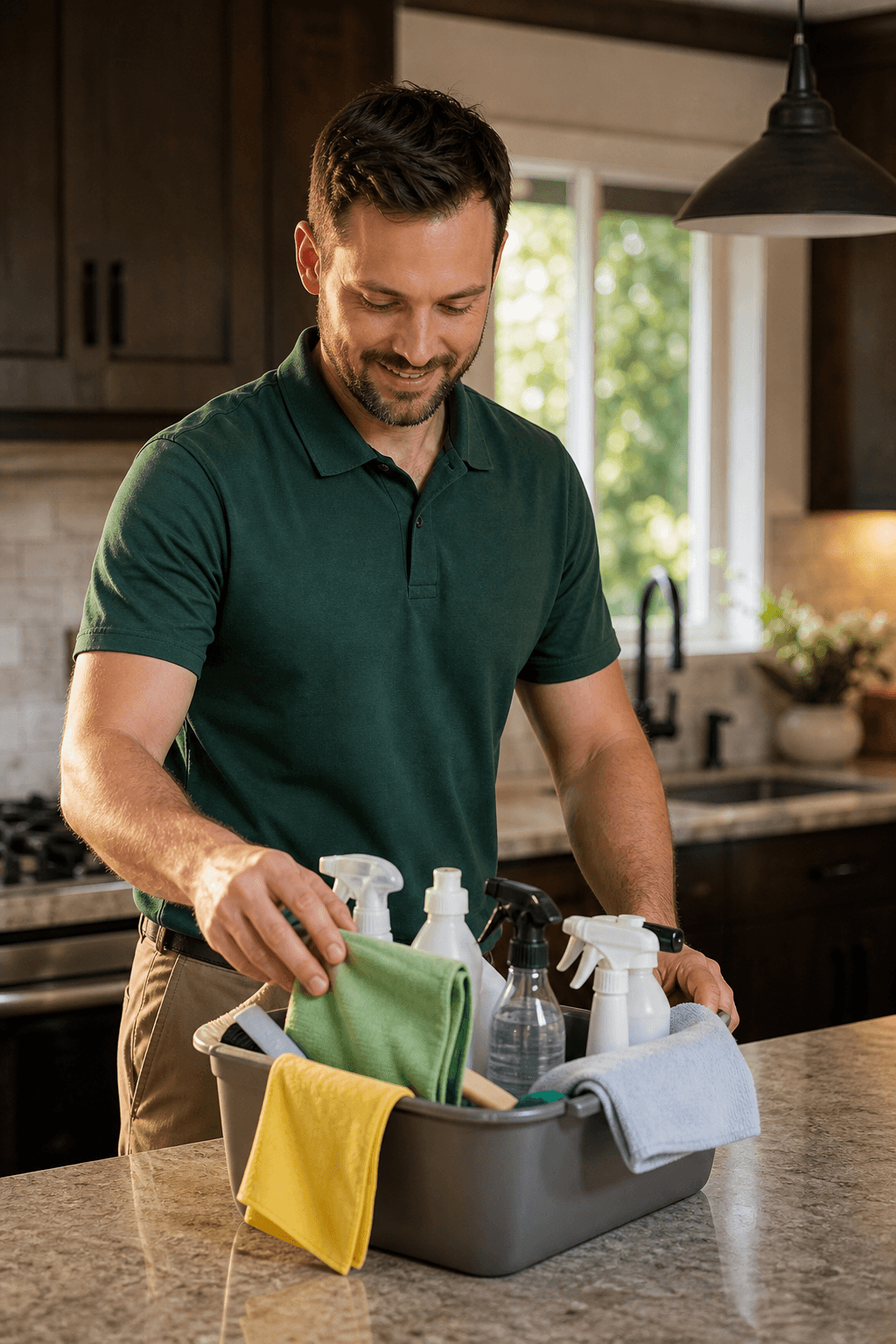 Cleaning supplies on counter