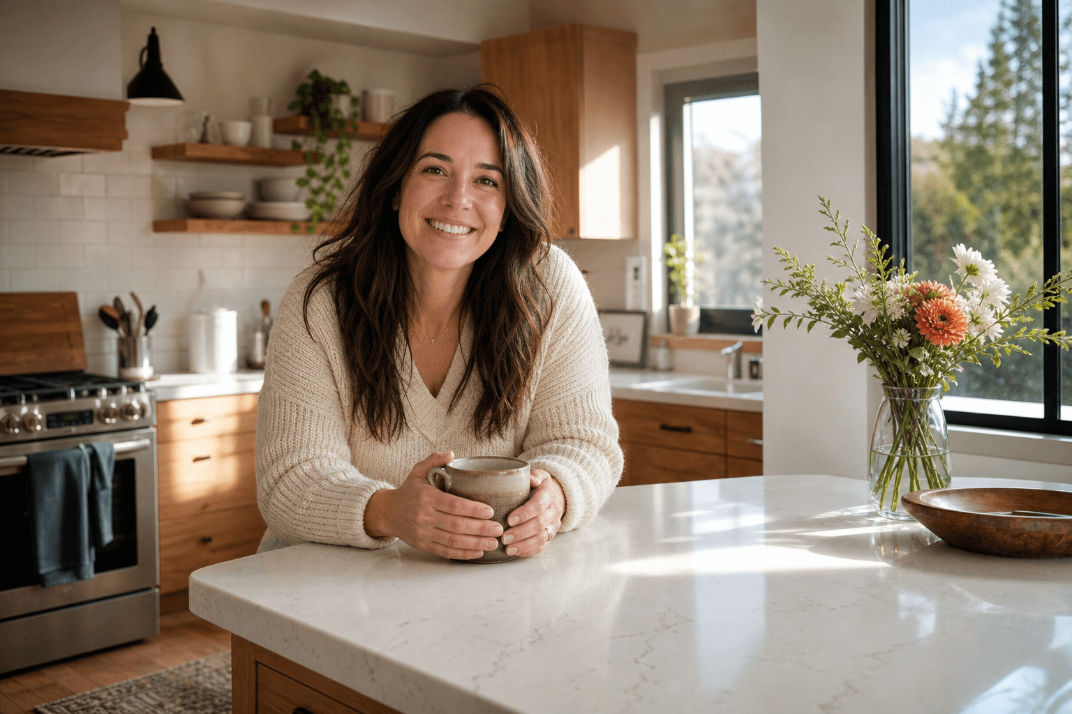 Customer in kitchen, holding mug, smiling